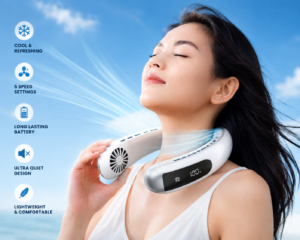Portable Stadium Neck Fan | 360° Cooling Airflow | Rechargeable Travel Cooling System